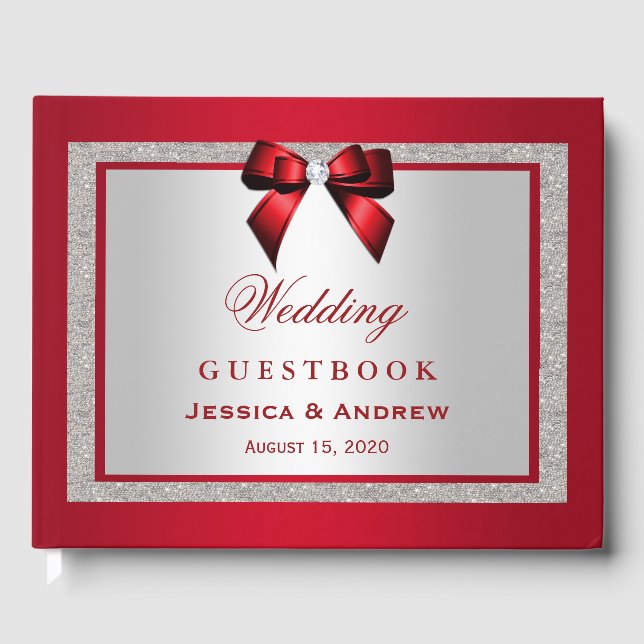 Livro De Visitas Casamento de Ruby Red & Silver Glitter Elegante (Frente)