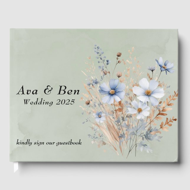 Livro De Visitas Casamento de Sage Green Dusty Blue Wildflower (Frente)