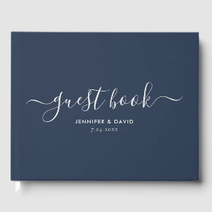 Livro De Visitas Casamento de Script Azul e Prata do Marinho Modern