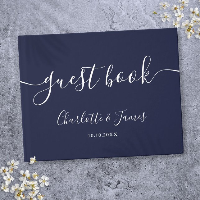 Livro De Visitas Casamento de Script de Assinatura Azul do marinho (Navy Blue Signature Script Wedding Guest Book)