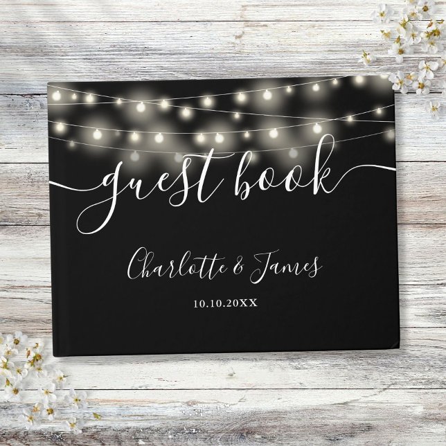 Livro De Visitas Casamento de Script de Assinatura das Luzes Branca (Black White String Lights Signature Script Wedding Guest Book)