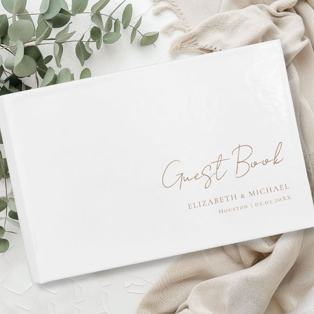 Livro De Visitas Casamento de Script de Manuscrito Branco mínimo (Minimal, White and brown Handwriting Script Wedding Guest Book)