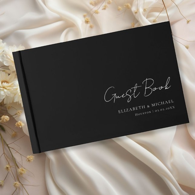 Livro De Visitas Casamento de Script de Manuscrito Preto e Branco m (Minimal, Black and White Handwriting Script Wedding Guest Book with your name and date.)