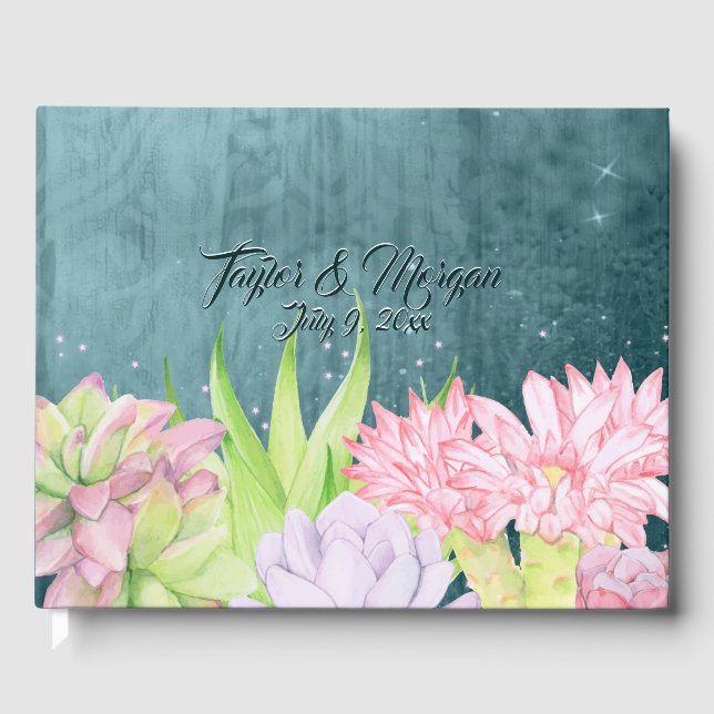 Livro De Visitas Casamento de Suculentes com Azul-Teal (Frente)