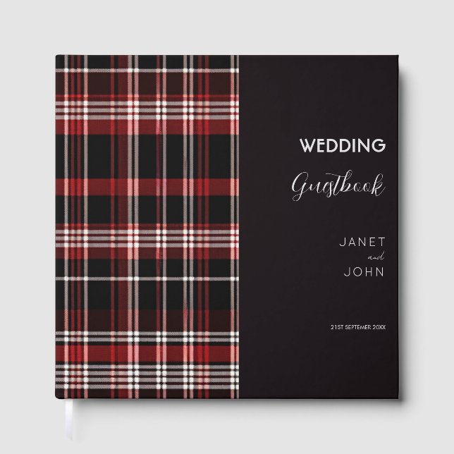 Livro De Visitas Casamento de Tartan Escocês Negro e Vermelho (Frente)