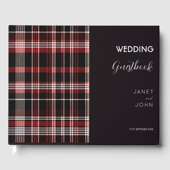 Livro De Visitas Casamento de Tartan Escocês Negro e Vermelho (Frente)