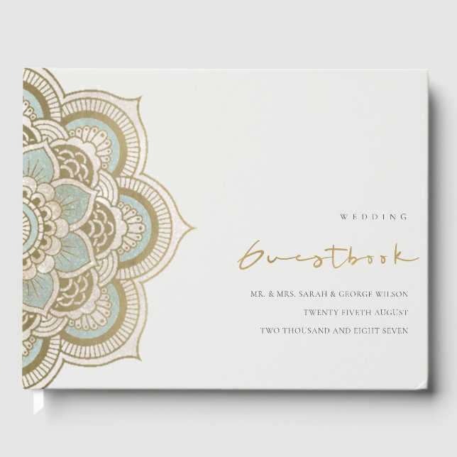 Livro De Visitas Casamento de Teal Mandala Dourado do Ornamentado E (Frente)