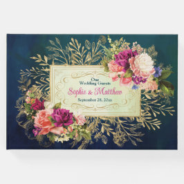 Livro De Visitas Casamento de Teal, Marinho, Verde e Dourado Florai