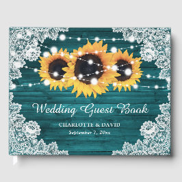 Livro De Visitas Casamento de Teal Rustic Wood Lace Sunflower