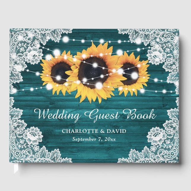 Livro De Visitas Casamento de Teal Rustic Wood Lace Sunflower (Frente)