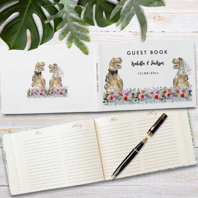Livro De Visitas Casamento de Tema Dinossauro (Fun dinosaur themed wedding T-Rex bride and groom floral custom wedding guest book)