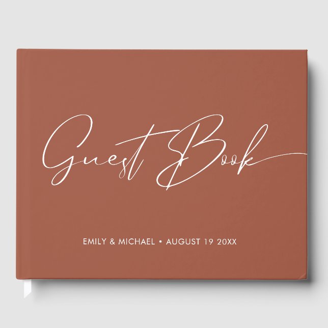 Livro De Visitas Casamento de Terracotta com Caligrafia Moderna Ele (Frente)