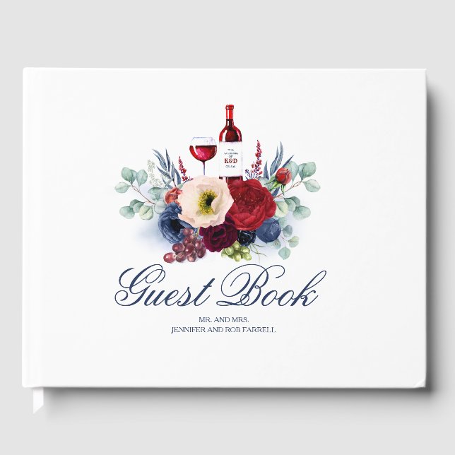 Livro De Visitas Casamento de Vinho Floral Vermelho e Azul Marinho (Frente)