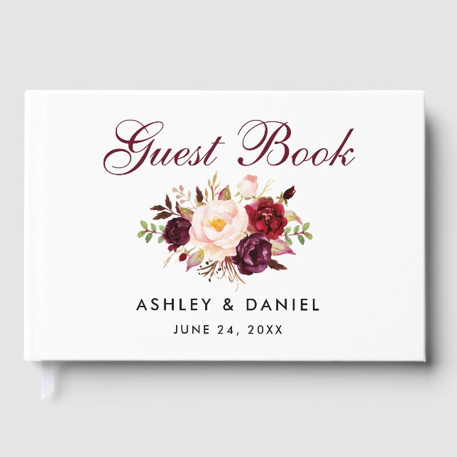 Livro De Visitas Casamento de Watercolor Floral Burgundy (Frente)