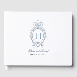 Livro De Visitas Casamento do Monograma Barroco do Ornamentado Azul