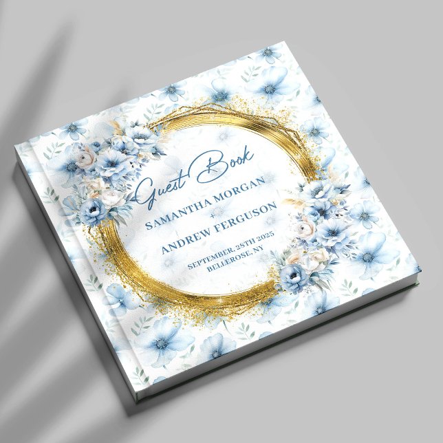 Livro De Visitas Casamento Dourado com brilho azul-claro Boho perso (Personalized Boho Light Blue Gold Glitter Wedding Guest Book )