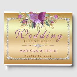 Livro De Visitas Casamento Dourado com Flores Roxas Diamantes