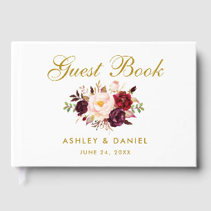 Livro De Visitas Casamento Dourado com Watercolor Floral Burgundy