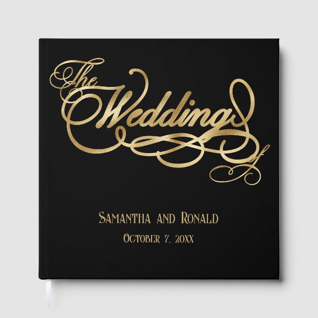 Livro De Visitas Casamento Dourado de caligrafia Elegante Black and (Frente)