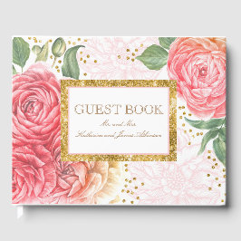 Livro De Visitas Casamento Dourado de Confetti e Flores Rosa
