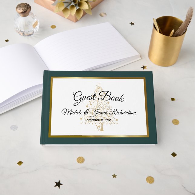 Livro De Visitas Casamento Dourado de Feriado de Inverno Elegante E (Frente aberta)