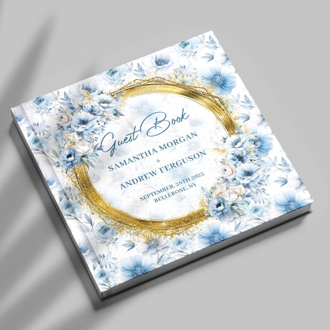 Livro De Visitas Casamento Dourado de Glitter Azul com Boho Dusty P (Personalized Boho Dusty Blue Gold Glitter Wedding Guest Book)