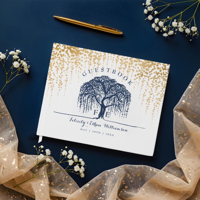 Livro De Visitas Casamento Dourado de Marinho de Árvore Selvagem Mo (Elegant Modern Willow Tree Navy Blue Gold Wedding Guest Book)