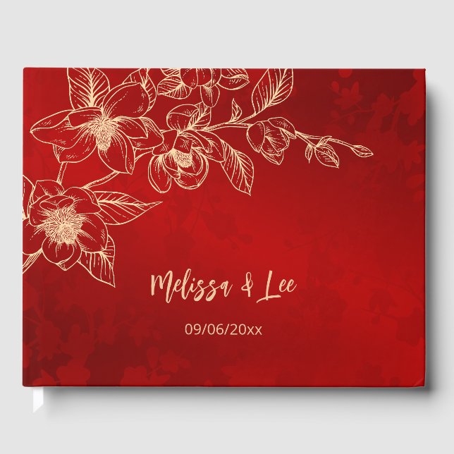 Livro De Visitas Casamento Dourado de Natal Magnolia Red (Frente)