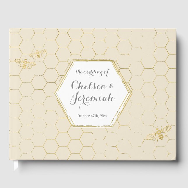 Livro De Visitas Casamento Dourado de padrão de Honey Bee Cream (Frente)