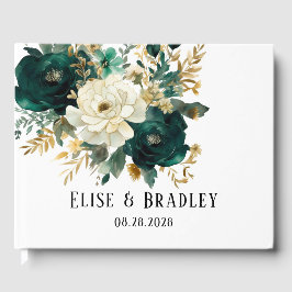 Livro De Visitas Casamento Dourado de Peonies Emerald Green e White