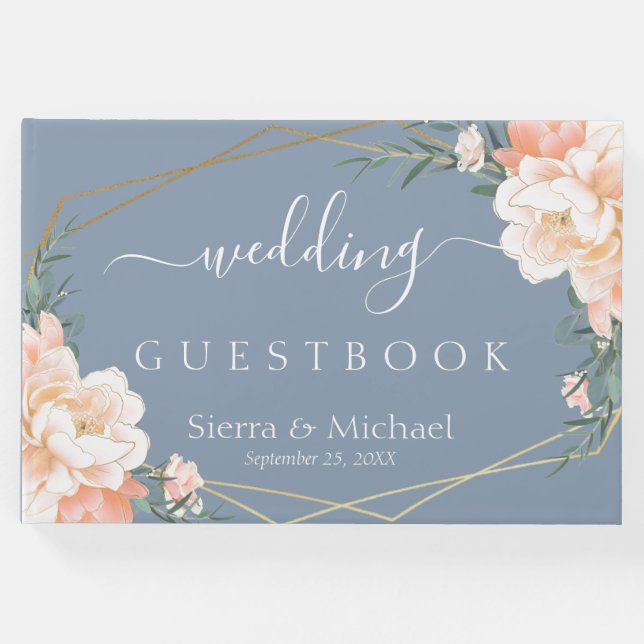Livro De Visitas Casamento Dourado de Pêssego Floral Elegante (Frente)