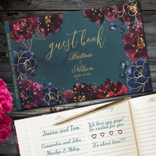 Livro De Visitas Casamento Dourado de Teal Bordeaux Sapphire Jewel  (Teal Bordeaux Sapphire Jewel Tone Gold Wedding Guest Book)