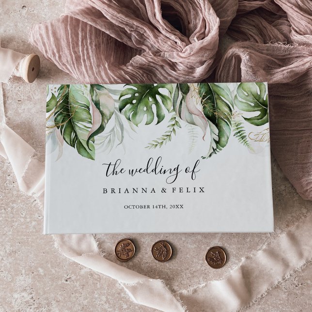 Livro De Visitas Casamento Dourado de verde tropical (Criador carregado)