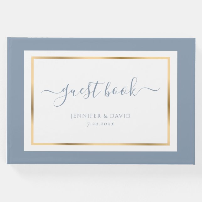Livro De Visitas Casamento Dourado e Azul com Script Elegante (Frente)