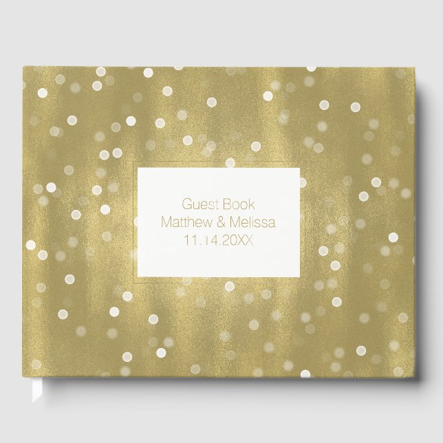 Livro De Visitas Casamento Dourado e Branco de Confetti Bokeh (Frente)