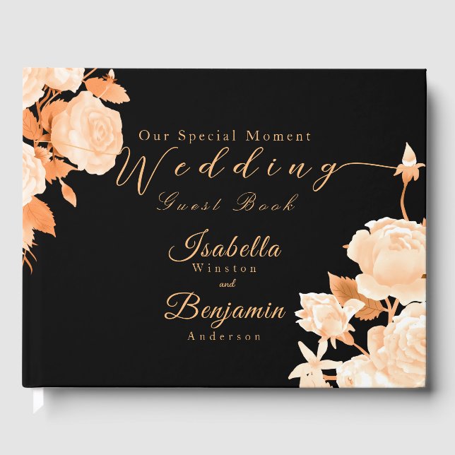 Livro De Visitas Casamento Dourado e elegante de Rosa negro (Frente)