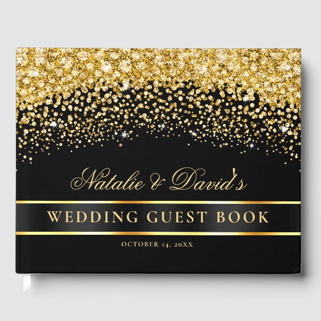 Livro De Visitas Casamento Dourado e negro com brilho (Frente)