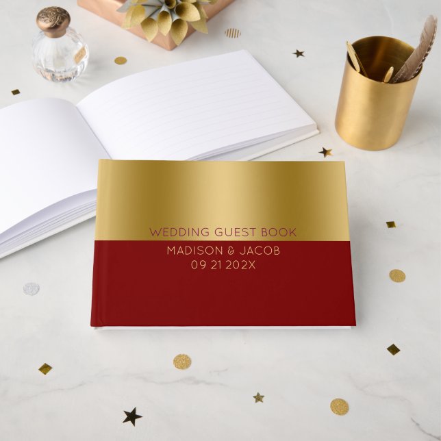 Livro De Visitas Casamento Dourado e Personalizado Vermelho (Frente aberta)