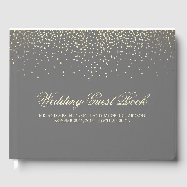 Livro De Visitas Casamento Dourado Elegante de Pontos de Confetti (Frente)