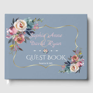 Livro De Visitas Casamento Dourado Elegante Dusty Blue Misty Rosa