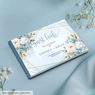 Livro De Visitas Casamento Dourado Floral Azul e Sofisticado
