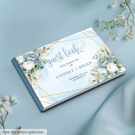 Livro De Visitas Casamento Dourado Floral Azul Rústico Moderno