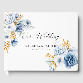 Livro De Visitas Casamento Dourado Floral Branco Dusty Blue