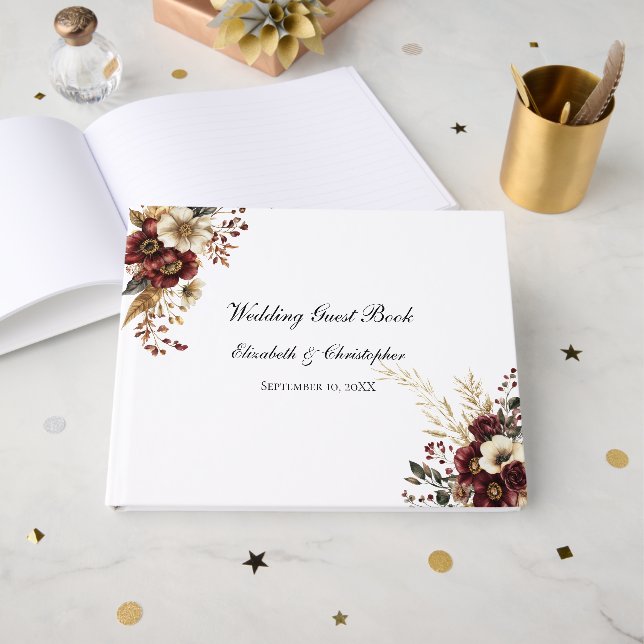 Livro De Visitas Casamento Dourado Floral Elegante Burgundy (Frente aberta)