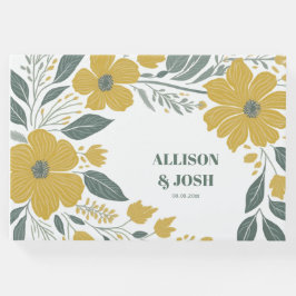 Livro De Visitas Casamento Dourado Floral Moderno Amarelo