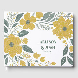 Livro De Visitas Casamento Dourado Floral Moderno Amarelo