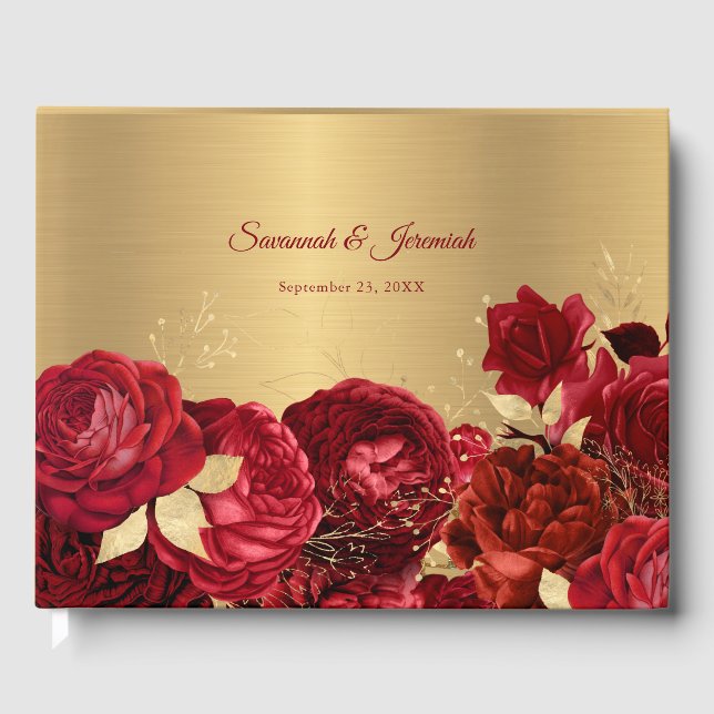 Livro De Visitas Casamento Dourado Floral Personalizável Chic Red (Frente)