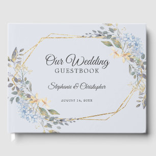 Livro De Visitas Casamento Dourado Geométrico de Florais Azuis