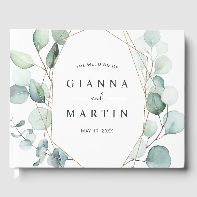 Livro De Visitas Casamento Dourado Geométrico de Folhagem de Granja (Frente)