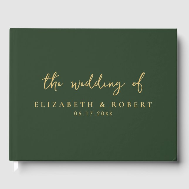 Livro De Visitas Casamento Dourado Verde com Script Elegante Simple (Frente)